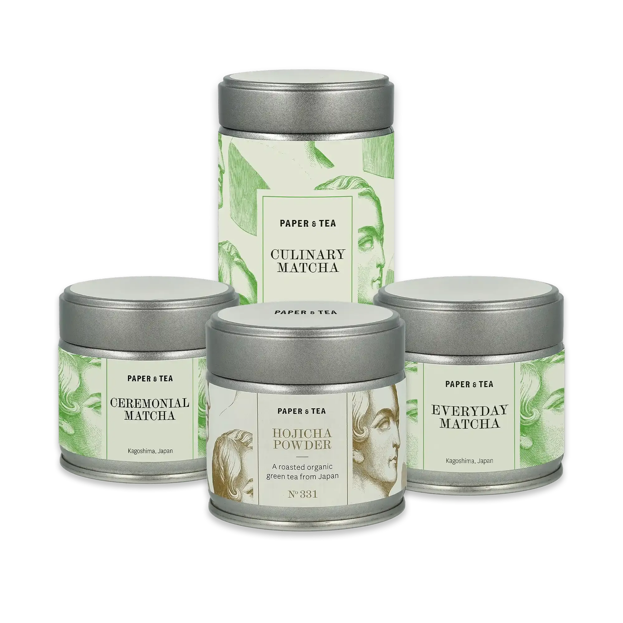 Vier Metall-Dosen von PAPER & TEA mit Matcha- und Hojicha-Tees aus Kagoshima, Japan