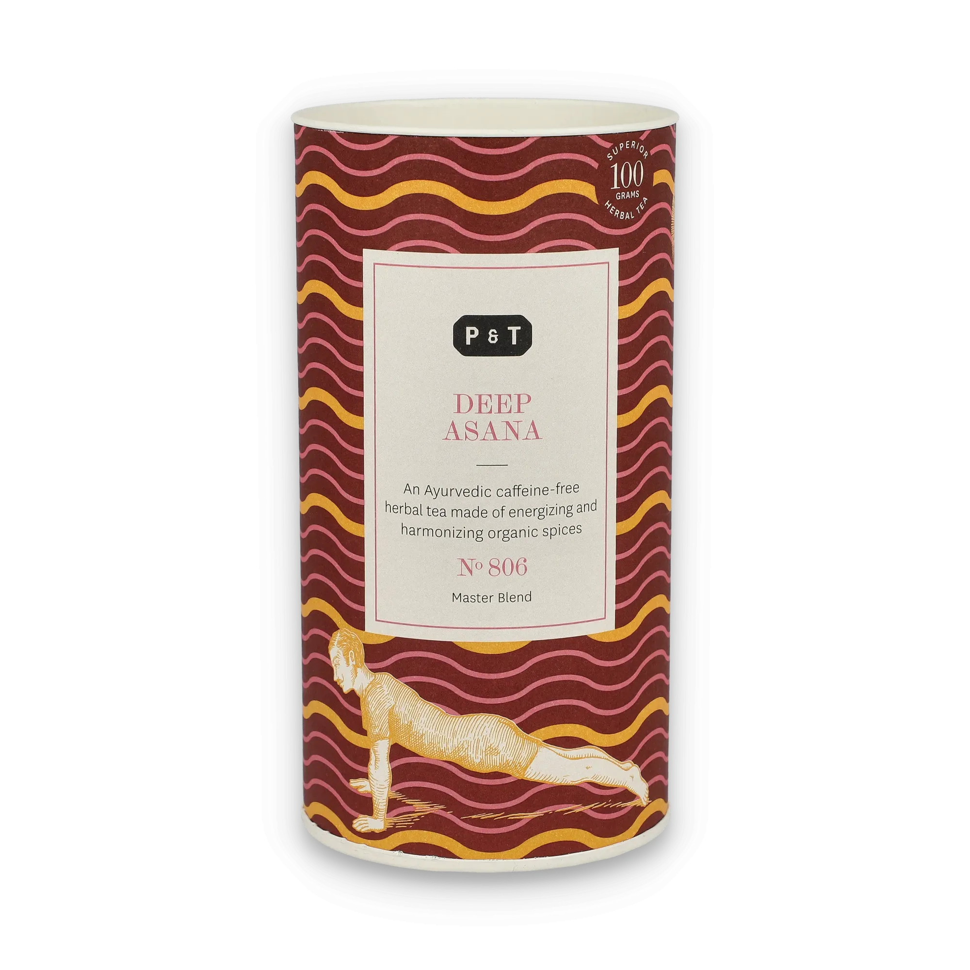 Zylindrische Verpackung von P & T Deep Asana, ayurvedischer Kräutertee, Yoga-Illustration