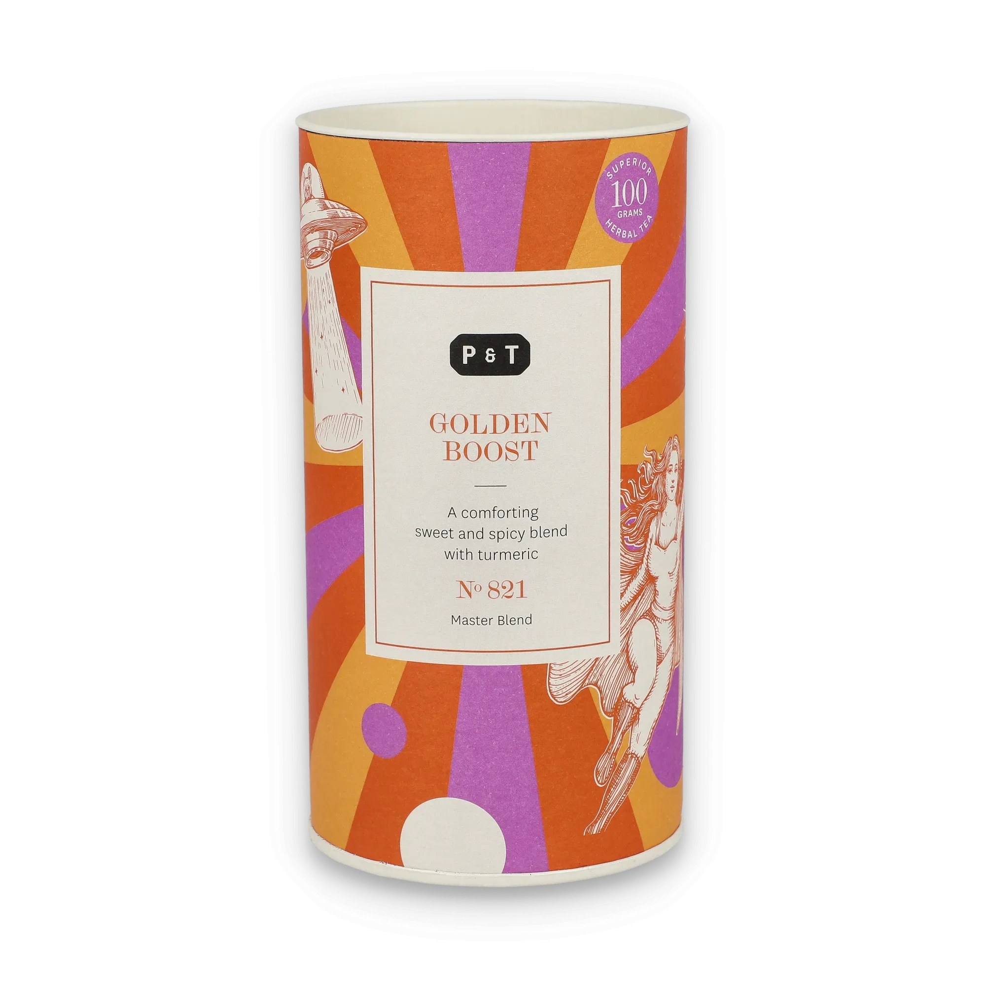 Zylindrische Teedose mit buntem P & T Golden Boost-Label, fliegender Untertasse und Figur.