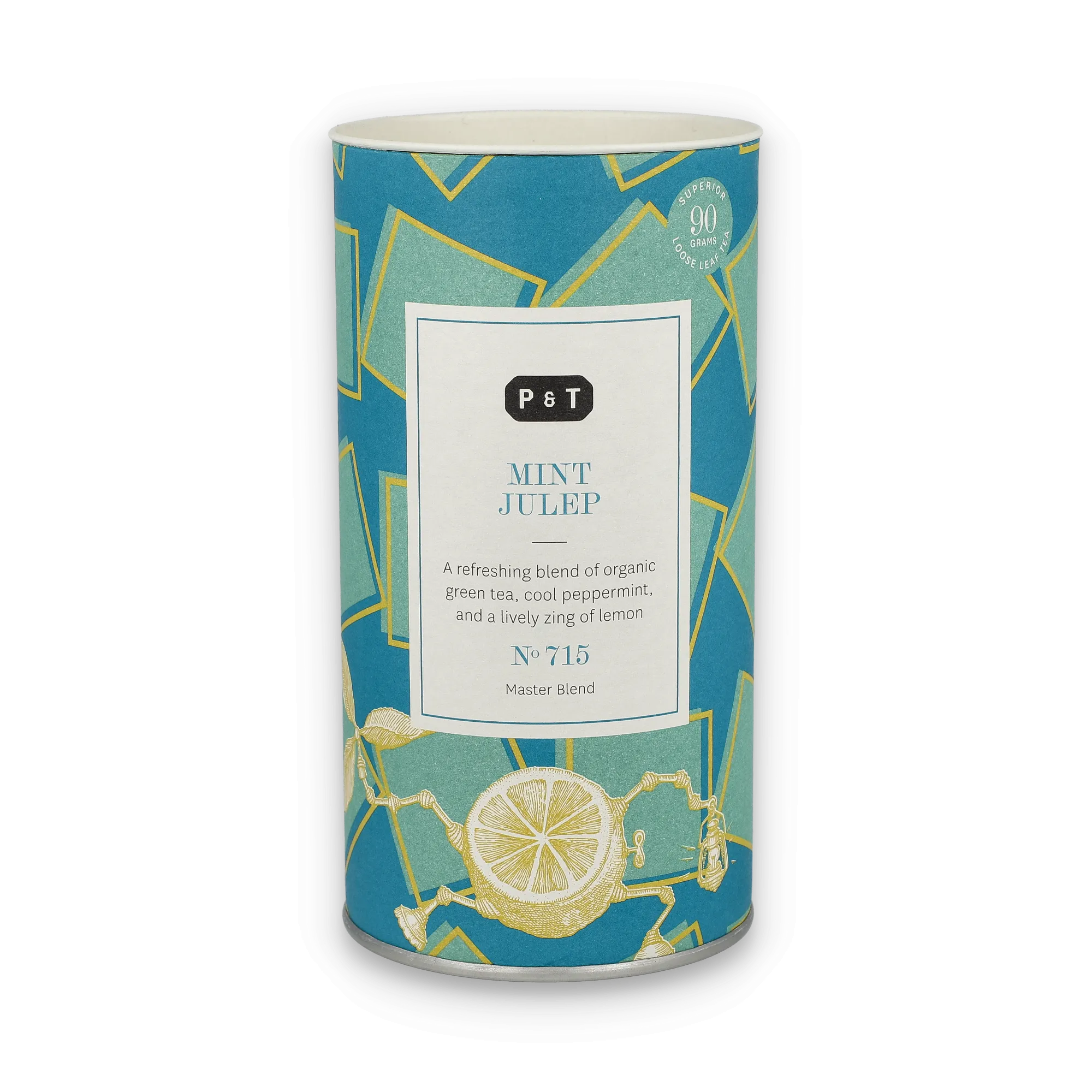 Zylindrische Dose mit Mint Julep Kräutertee von P & T, grün-türkis gemustert, 90 g losem Tee.