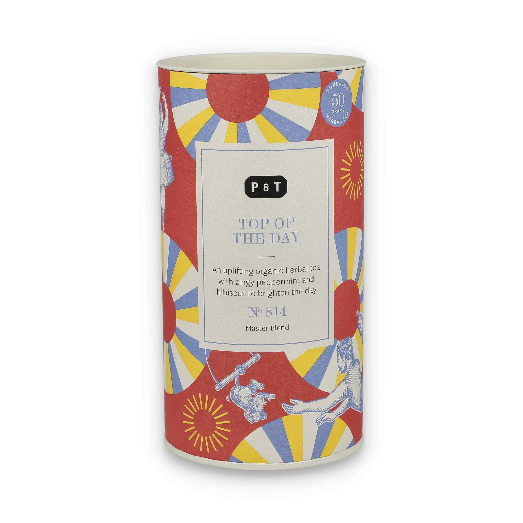 Bunte Verpackung für P & T Kräutertee 'TOP OF THE DAY' mit Rot, Gelb, Blau und Sonnenstrahlen-Muster